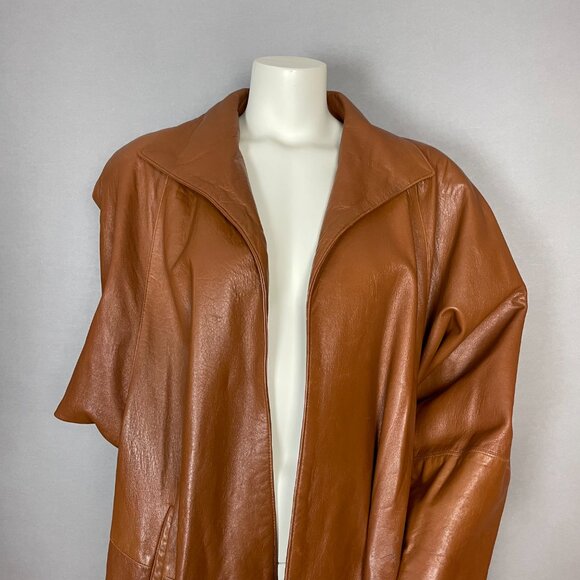 Vintage Leather Jacket Oversize Women Open Front FLAWS Soft Batwing Sleeve Brown - Picture 3 of 16